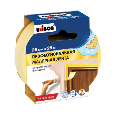 Купить дешево Скотч малярный профессиональный Unibob, для наружных/внутренних работ, 25 мм x 25 м, желтый