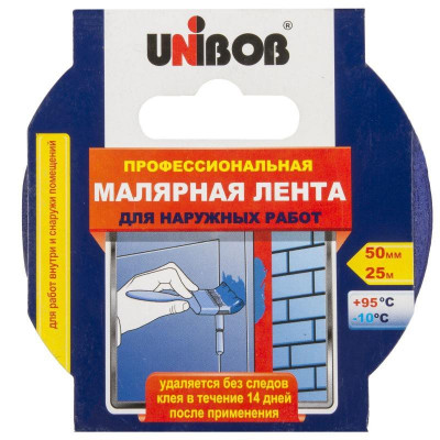 Скотч малярный профессиональный Unibob, для наружных/внутренних работ, 50 мм x 25 м, синий